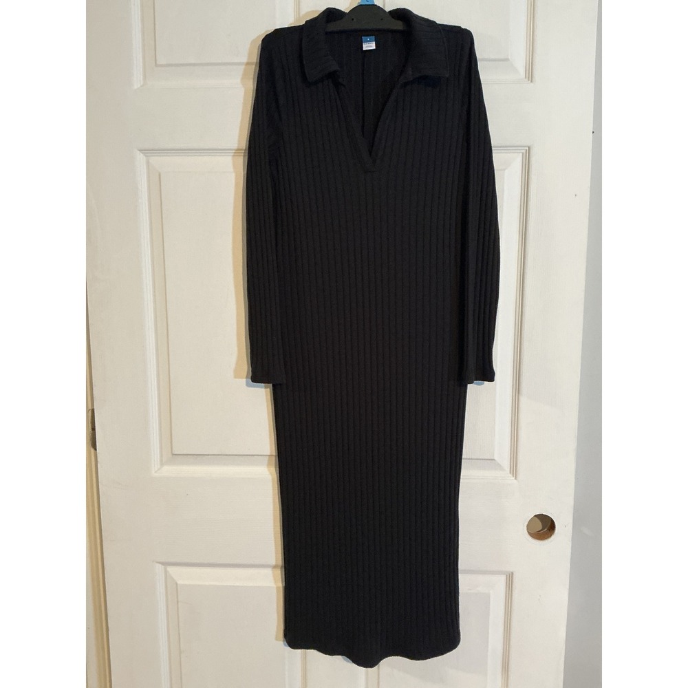 Old Navy Womens Ribbed Knit Polo Midi Dress Black‎ Long Sleeve V-Neck Small